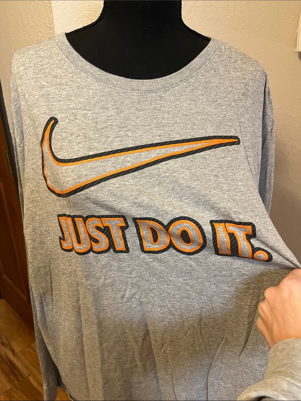 Nike Gray Long Sleeve Tee with Orange-Outlined Swoosh